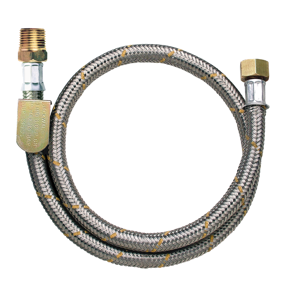 Tubo de Borracha Trançado em Aço Inox NBR 14955 - 1,20 m – Roscas 1/2 [ExI] – GLP e GN